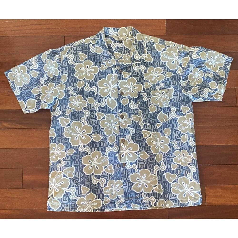 Vtg GOTCHA ISLAND TIME Hawaiian Shirt Men's L Cotton Blue Khaki Floral USA Made